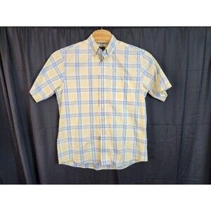 Jos A Bank Travelers Collection Mens Large Button Down Blue Yellow Plaid Shirt